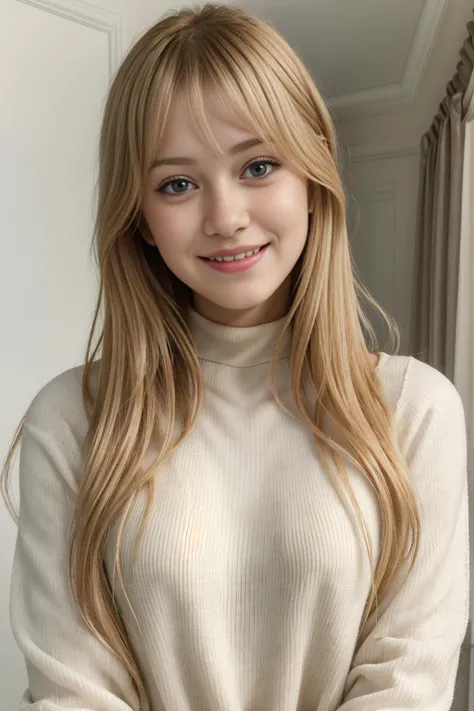 portrait photo of a 21 years old woman LizzieMcGuire8c2-2500,  smiling, light-blonde hair, bangs, high quality, masterpiece, detailed eyes, turtleneck, inside college, conservative clothes, sfw,