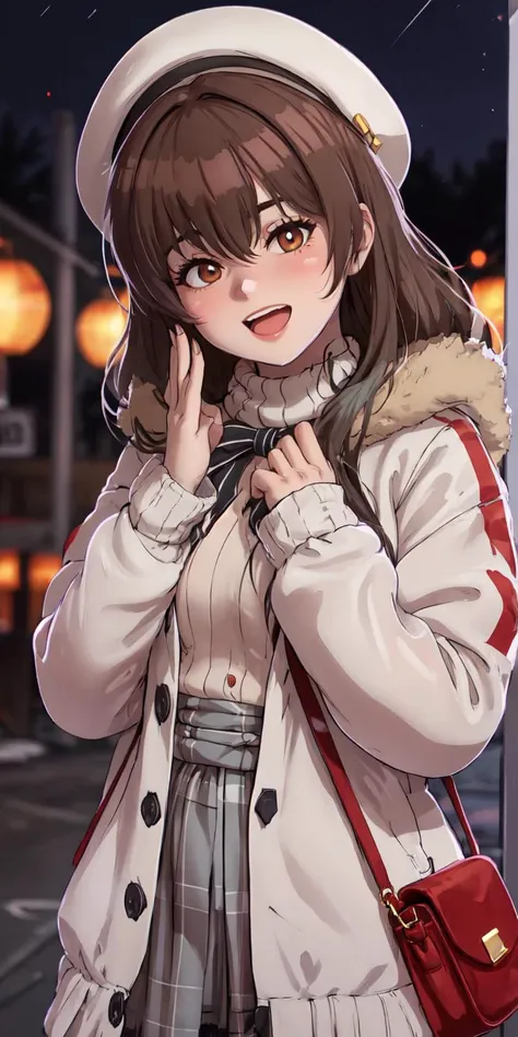 1girl, solo, open mouth, smile, long hair, hat, heart, :d, blush, brown eyes, bangs, eyebrows visible through hair, bag, long sleeves, bow, plaid, very long hair, looking at viewer, blurry, coat, sleeves past wrists, depth of field, blurry background, hair...