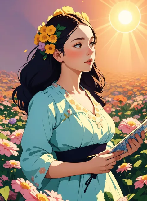 commercial illustration of a woman dressed in flowers with flowers in her hair, in the style of artgerm, vibrant palette knife, franciszek starowieyski, michael malm, captures the essence of nature, sun-kissed palettes, illustration