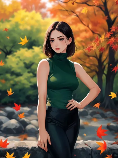 UHD, 8k, ultra detailed, a cinematic photo of a beautiful woman in a (red turtleneck sleeveless top:1.5) and black pants, she is standing outside, autumn day, leaves falling