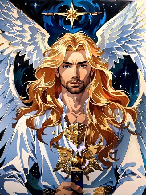 (masterpiece, best quality, high quality, absurdres, highres, ultra-detailed), an award winning professional master painters rendition of an upper body portrait painting of (Lucifer Morningstar:1.0), (archangel:1.0), golden hair, long wavy hair, male extre...