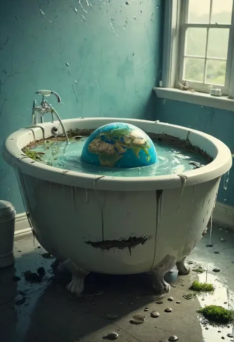 there is a bathtub with a globe in it in a bathroom