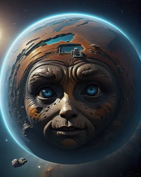 closeup of planets surface, concept art, small floating planet, highly detailed face, tiny, ornate, fantasy, <lora:small-planet-04:1>