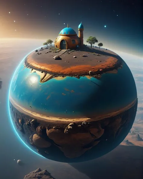 closeup of planets surface, concept art, small floating planet, Land Art, "Im a genie in a bottle, you gotta rub me the right way.", <lora:small-planet-04:1>