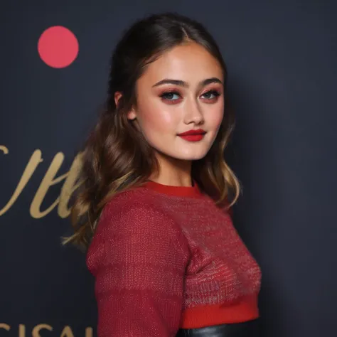 ella_purnell, <lora:EllaPurnellXL:1>,, solo, long hair, looking at viewer, smile, shirt,  long sleeves, standing, upper body, midriff, grin, from side, sweater, crop top, sleeves past wrists, looking to the side, makeup, red dress, lipstick, red shirt, rea...