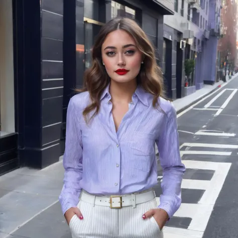 ella_purnell, <lora:EllaPurnellXL:1>, long hair, looking at viewer, shirt, long sleeves, jewelry, standing, full body, white shirt, earrings, outdoors, shoes, day, striped, pants, makeup, white footwear, lipstick, building, realistic, white pants, hands in...