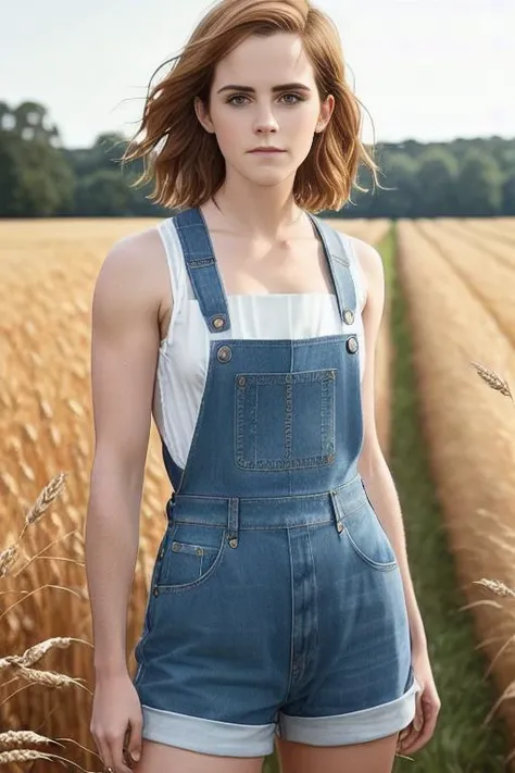 EMWAT69, Emma Watson, full body portrait, wearing farmer Denim Bib Overall, (no shirt), (medium size breasts), sunny, trees, tall wheat grass background, (realistic skin 1.2), modelshoot style, NSFW, sexy pose, sharp focus, blurred background, (detailed 1....