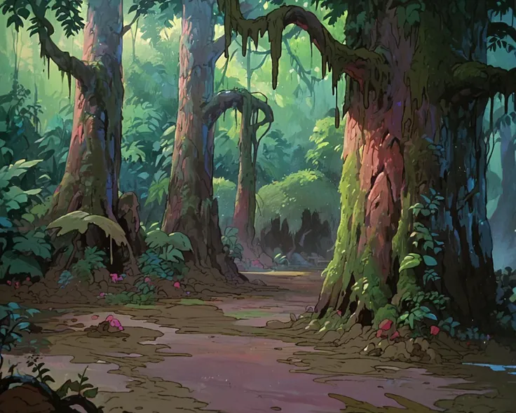 cartoon scene of a forest with a path and trees