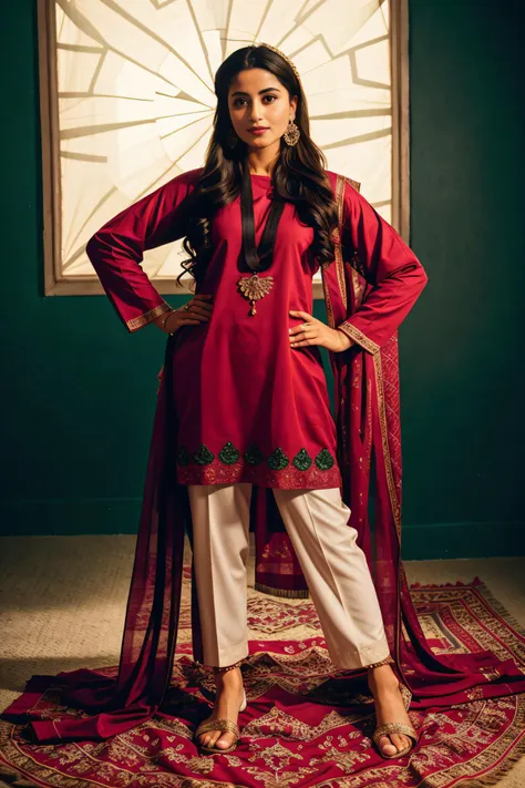 a woman in a red and white outfit standing on a rug