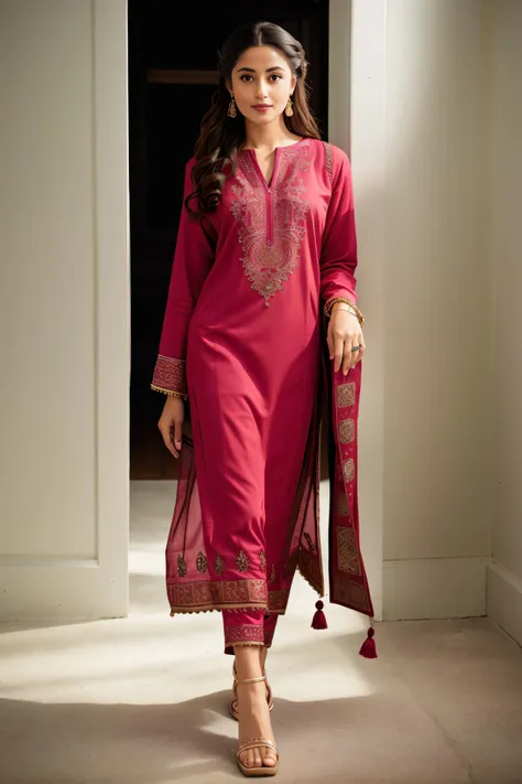 a woman in a pink suit and matching shoes stands in a hallway