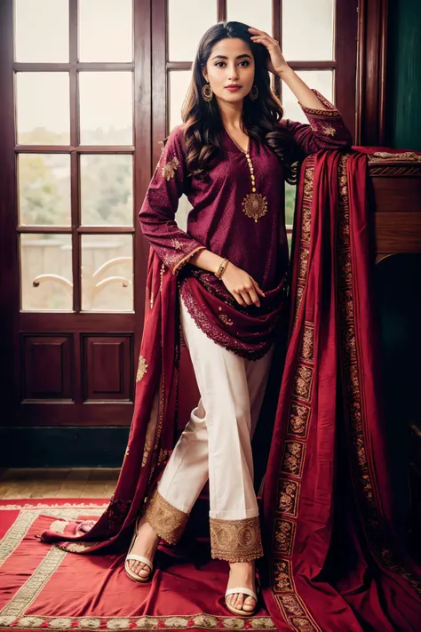 a woman in a maroon and white outfit standing on a red carpet