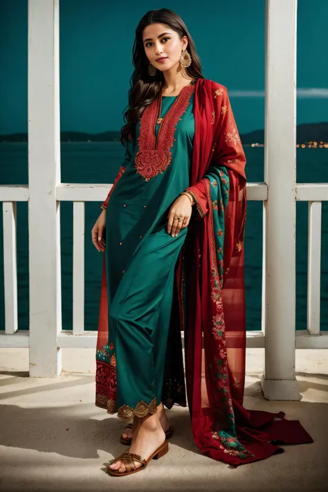 a woman in a green suit and red shawl standing on a porch