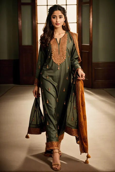 a woman in a green suit and brown shawl walking down a hall