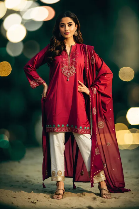 a woman in a red dress and white pants stands on a beach