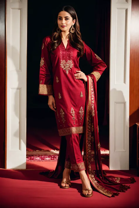 a woman in a red suit standing in front of a doorway