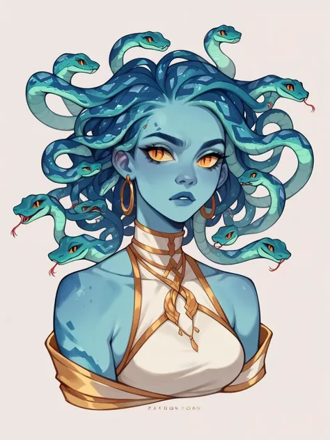 a drawing of a woman with blue hair and snakes on her head