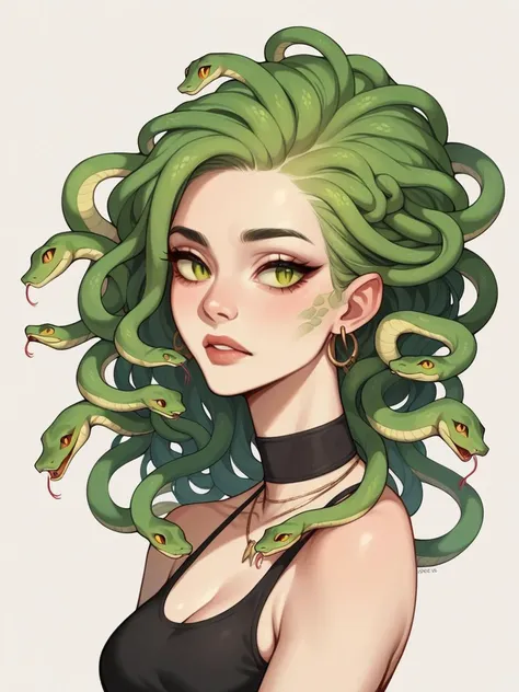 a woman with green hair and green snakes on her head