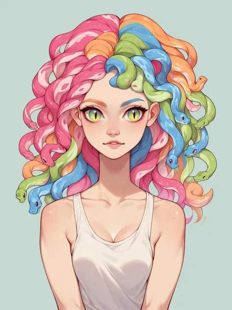 a drawing of a girl with colorful hair and a white tank top