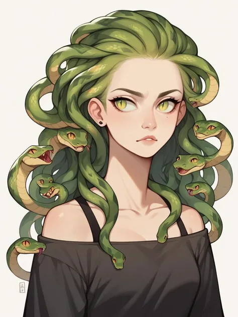 a woman with green hair and a snake head