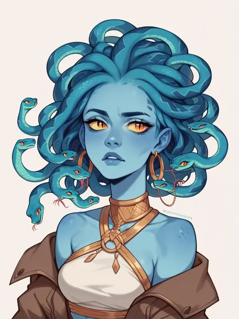 a drawing of a woman with blue hair and a snake around her neck