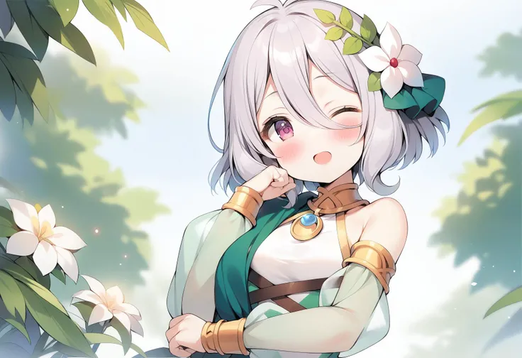 masterpiece, best quality, highres, ayamy, virtual youtuber, one eye closed, solo, bangs, looking at viewer, upper body, open mouth, hand on chin, star, outdoors, <lora:dsno_XL:1>, 1girl, bare shoulders, blush, breasts, detached sleeves, dress, flower, gre...