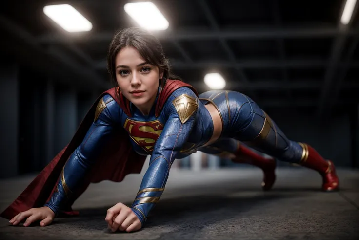 dc movies,full body,from below,photo of a 18 year old girl,supergirl,practicing puch-up,happy,ray tracing,detail shadow,shot on ...