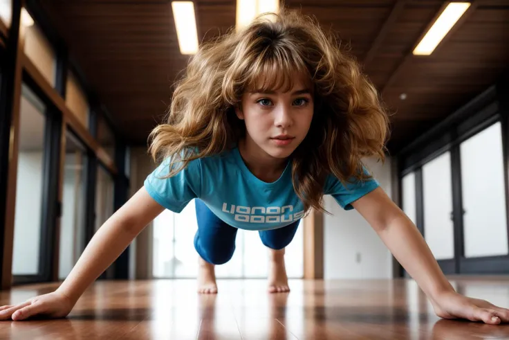 1980s,full body,from below,photo of a 18 year old girl,happy,practicing push-up,shirt,pants,ray tracing,detail shadow,shot on fu...