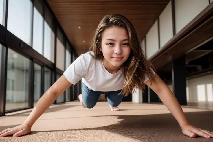 full body,from below,photo of a 18 year old girl,happy,practicing push-up,shirt,pants,ray tracing,detail shadow,shot on fujifilm...