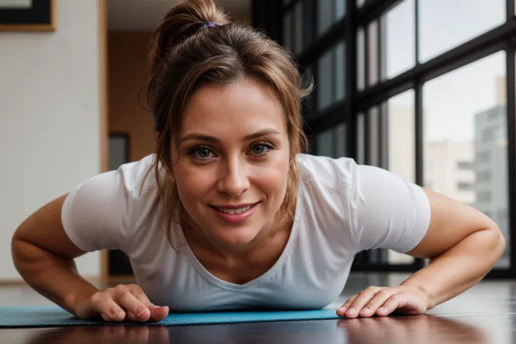 photo of a 40 year old girl,happy,practicing push-up,shirt,pants,ray tracing,detail shadow,shot on fujifilm x-t4,85mm f1.2,sharp...