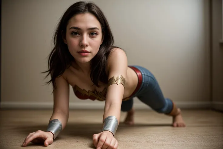 dc movies,from below,photo of a 18 year old girl,wonder woman,practicing push-up,happy,shirt,pants,ray tracing,detail shadow,sho...