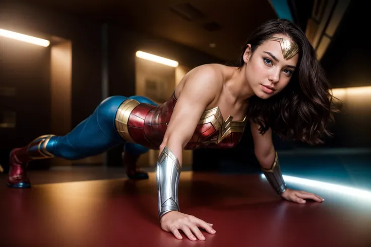 dc movies,full body,from below,photo of a 18 year old girl,wonder woman,happy,practicing push-up,ray tracing,detail shadow,shot ...