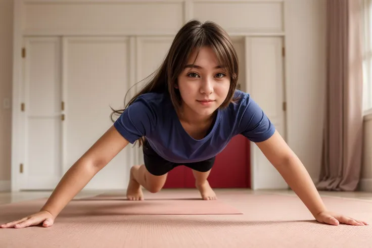 full body,from below,photo of a 18 year old girl,happy,practicing push-up,shirt,pants,ray tracing,detail shadow,shot on fujifilm...