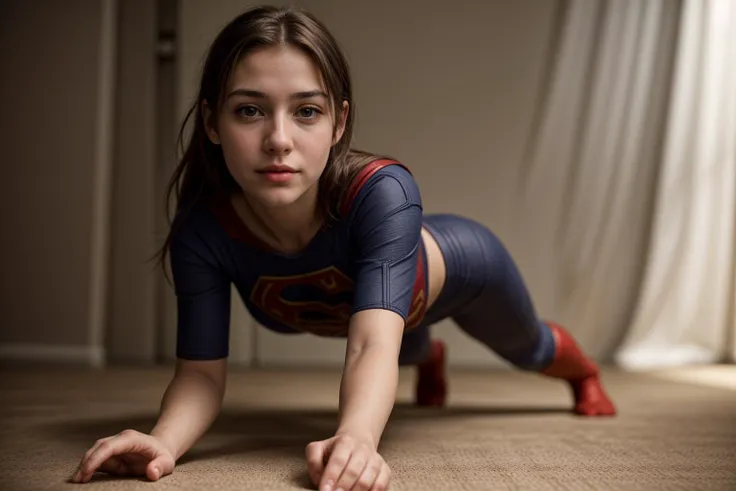 dc movies,from below,photo of a 18 year old girl,supergirl,practicing push-up,happy,shirt,pants,ray tracing,detail shadow,shot o...