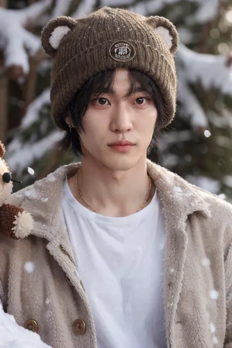 <lora:wonbinriize:0.6> wonbinriize, wide broad shoulders, muscular toned body, high quality, wearing adorable light brown sherpa coat and fuzzy shorts, wearing  cute fuzzy beanie with teddy bear ears, snow winterland background, classic and soft lighting, ...