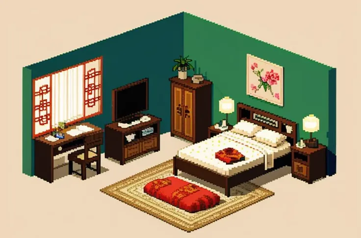 (masterpiece, top quality, best quality), pixel, pixel art, 2.5D, simple background,   A bedroom in Chinese style, <lora:pixel_f2:0.5> <lora:Xiaorenshu_v20:0.2> <lora:Moxin_Shukezouma10:0.1> <lora:MoXinV1:0.1>