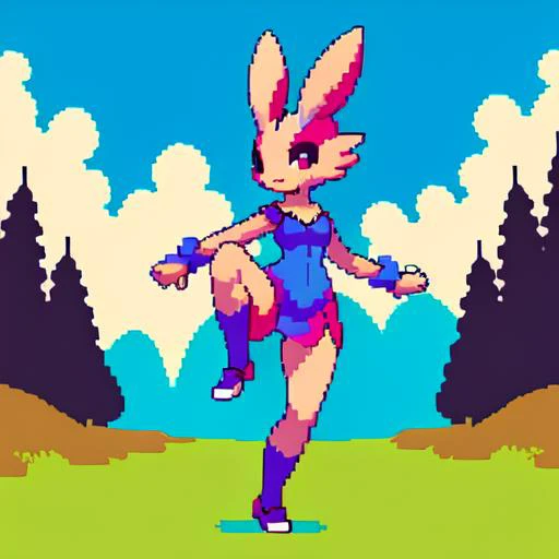 lopunny, furry, :3, rabbit ears, <lora:lopunnyPokemon_v1:1>, Beautiful Art Style, 1girl, young woman, looking at viewer, splashy, mountain, leg lift, witch costume, pixel,  <lora:mPixel_v10:0.5>,