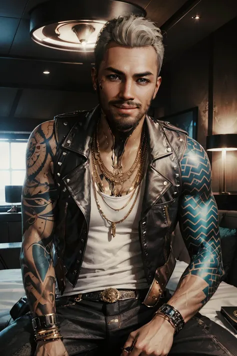 KerryEuro, jewelry, facial hair, tattoo, necklace, dark skin, beard, male, vest, tanktop,  arm tattoo, looking at viewer, serious, smiling, portrait, 
interior of a fancy bedroom, futuristic, extreme detail,  hdr, analog, realistic quality, <lora:KerryEuro...