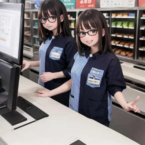 two women in blue shirts standing in front of a computer