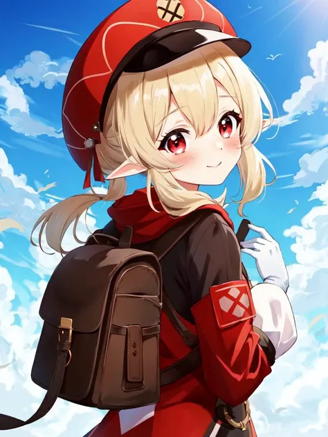 Klee GenshinImpact, <lora:klee:0.4> 1girl, kawaii petit, blond hair shiny hair, low twintail, red eyes,  skindantation  smile blush cabbie hat, white shorts, long sleeves, pointy ears, red dress, backpack, red headwear, brown gloves