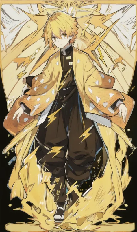 1boy, Zenitsu Agatsuma , lightning, yellow hair, border, day, yellow background,  <lora:DemonSlayer-nezuko:0.9>, (white border), tarot, full body, flat view, symmetry, masterpiece, best quality, <lora:animeTarotCardArtStyleLora_v31:1.2>,  <lora:Zenitsu Aga...