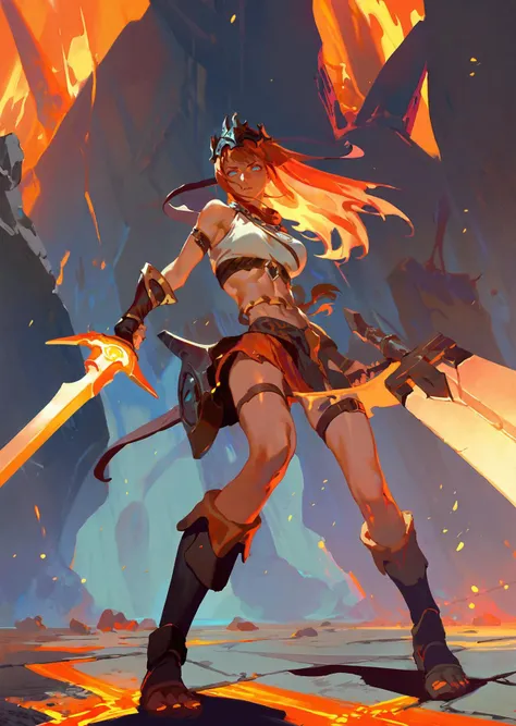 a woman with a sword standing in front of a fire