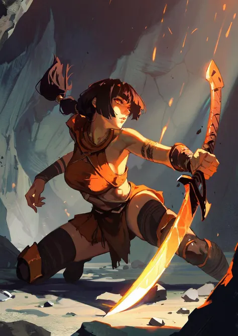 a woman with a sword in a cave with a rock