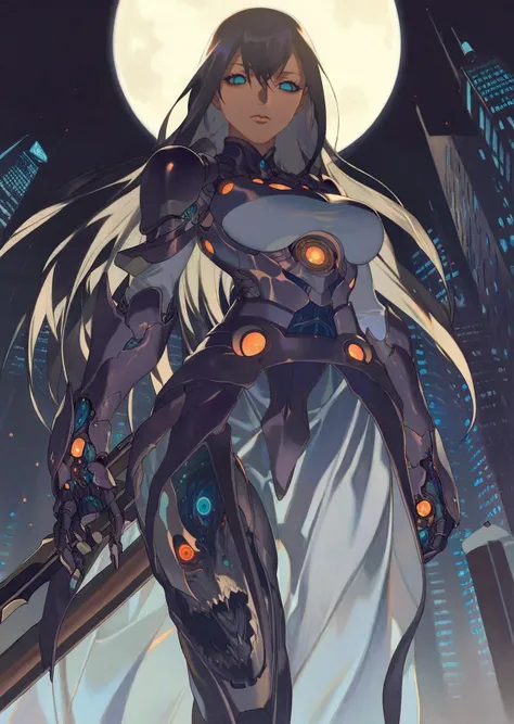 a close up of a woman in a futuristic outfit holding a sword