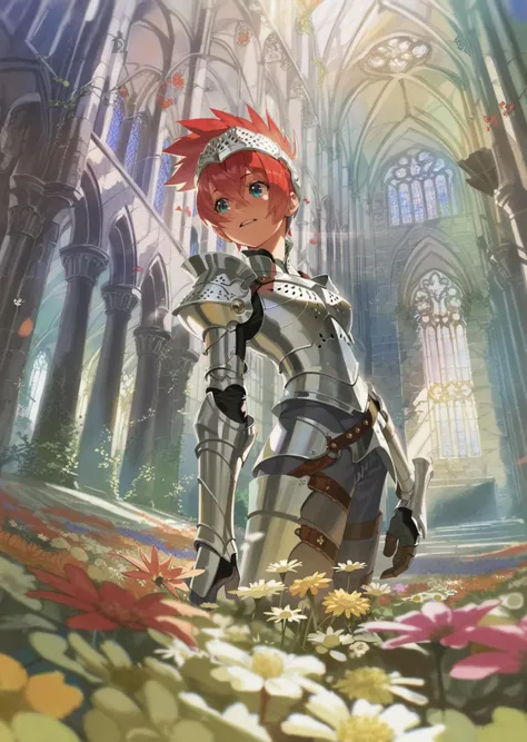 a woman in a knight outfit standing in a church with flowers