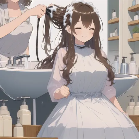 anime image of a woman in a white dress is blow drying her hair