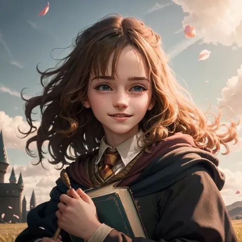 Hogwarts, ermione, young, 1 girl, hair blowing in the wind, masterpiece, 8k, perfect artwork, beautiful face, beautiful eyes, action pose, windy, accurate hands, dramatic lighting, ray tracing, smile, grassland, flowers, petals in the sky, sunlight, upper ...