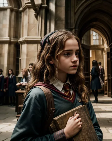 a close up of a young girl holding a book in a building