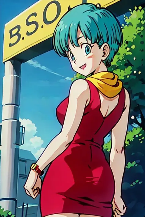 a close up of a woman in a red dress standing in front of a sign