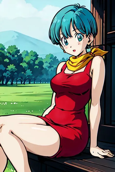 masterpiece, 1080i quality, highest quality, (perfect illumination), (photorealistic), perfect anatomy, perfect face, perfect eyes, 
 <lora:bulmadbzreddress_ex_04_galena3ep:0.8> bulmadbzreddress, aqua hair, short hair,  blue eyes, earrings, red dress, yell...