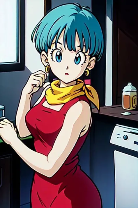 anime girl in red dress standing in kitchen with dishwasher